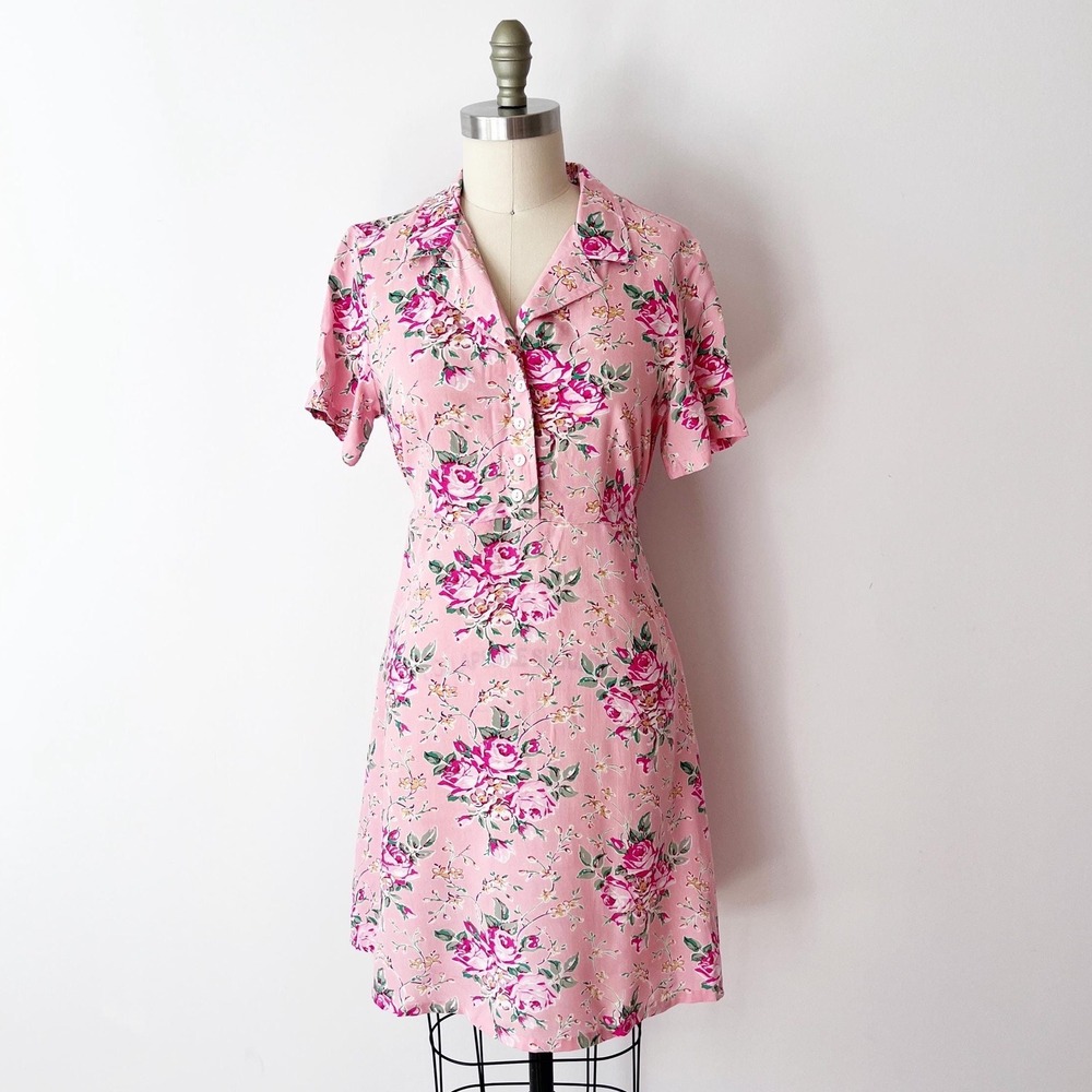 April‎ Cornell Pink Floral Mini Shirt Dress Short Sleeve Rayon Tie Back XXS